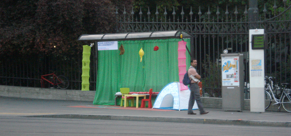 A bus shelter decorated as a child's bedroom