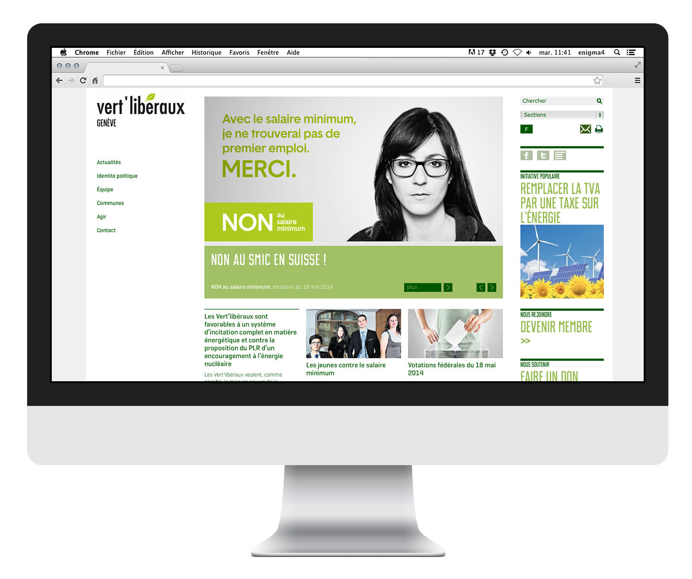 Display of No to minimum wage ad for the political campaign on Vert Libéraux's website