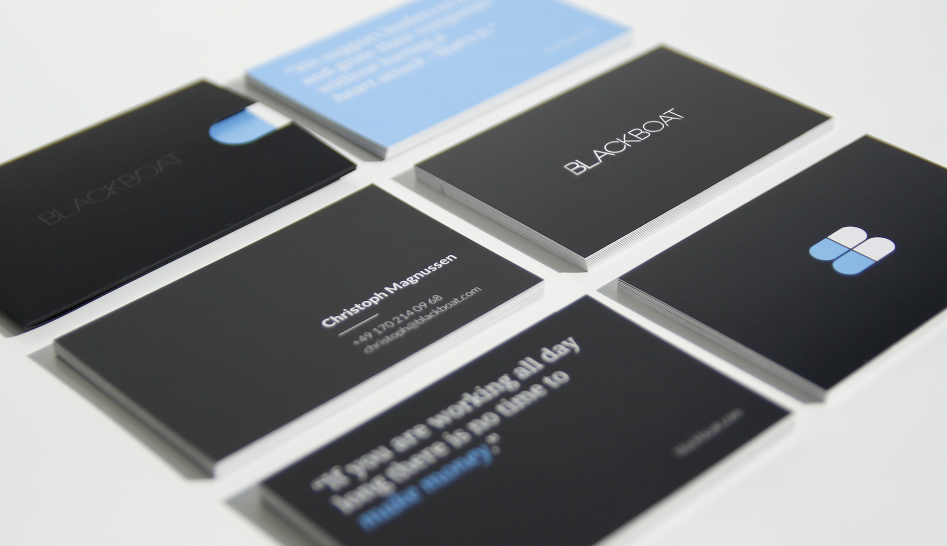 Blackboat's range of business cards corresponding to new visual identity