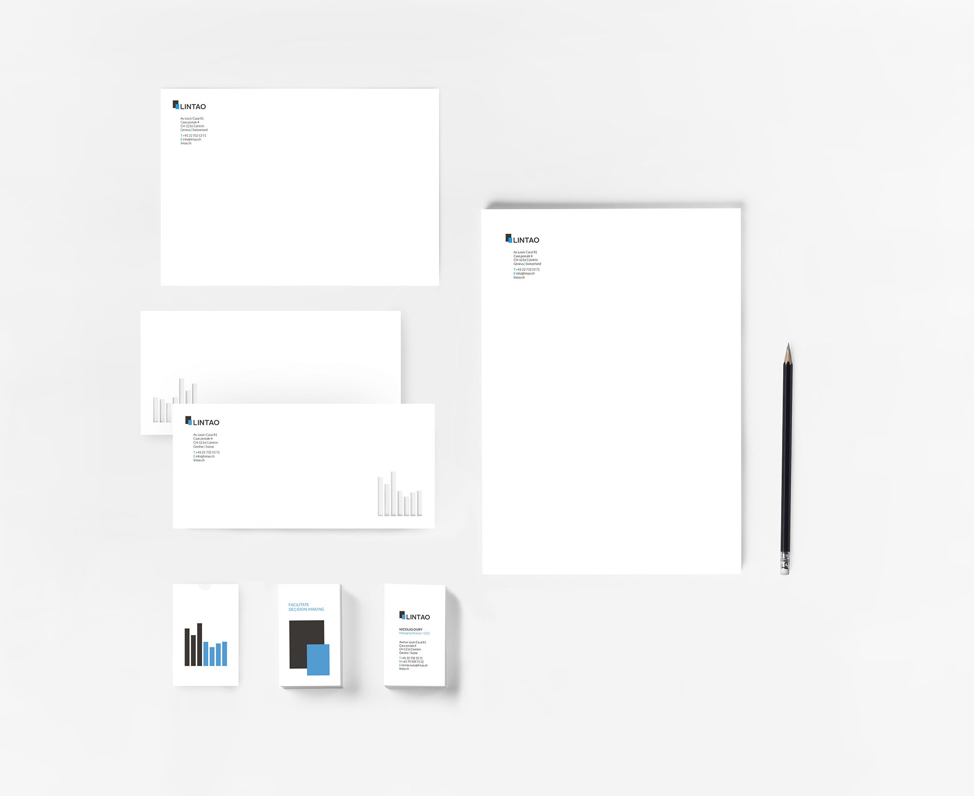 Display of the stationery elements corresponding to the new branding