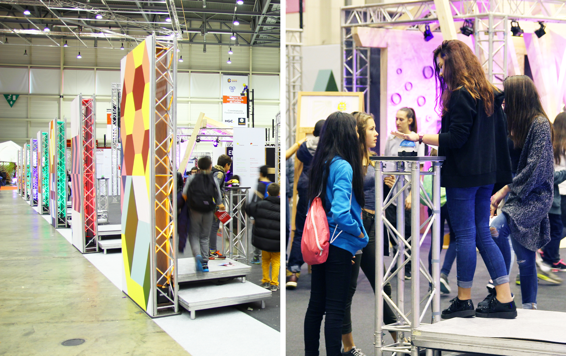 Visitors walking around the Avenir Bâtiment stand designed in the new branding's colors