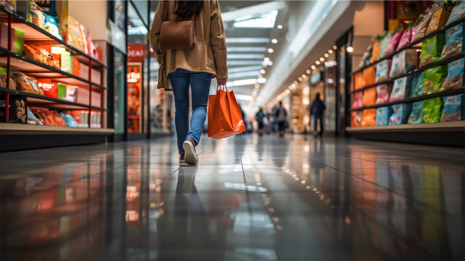 person with shopping bag walking in a mall