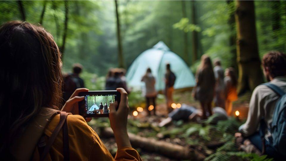 Person taking picture of people in the woods in front of a white tent